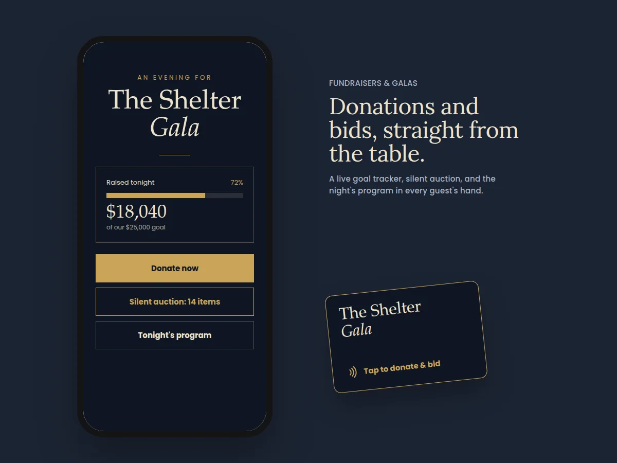 Sample gala site: live donation goal tracker, silent auction, and the evening program.