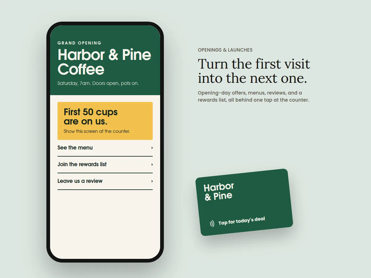 Sample grand opening site: opening-day offer, menu, rewards list, and reviews.