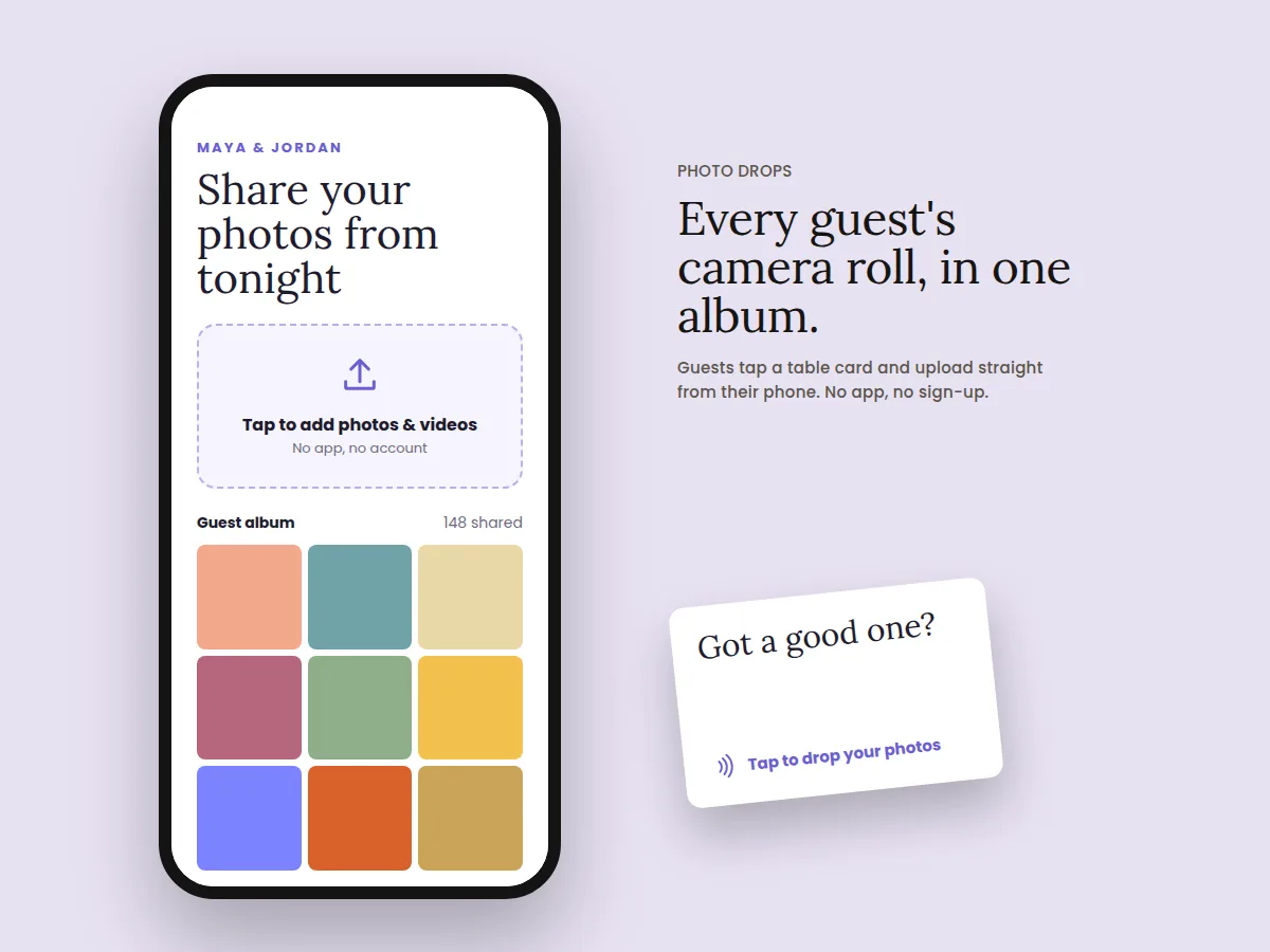 Sample photo drop page: guests tap a sign and upload photos into a shared album.