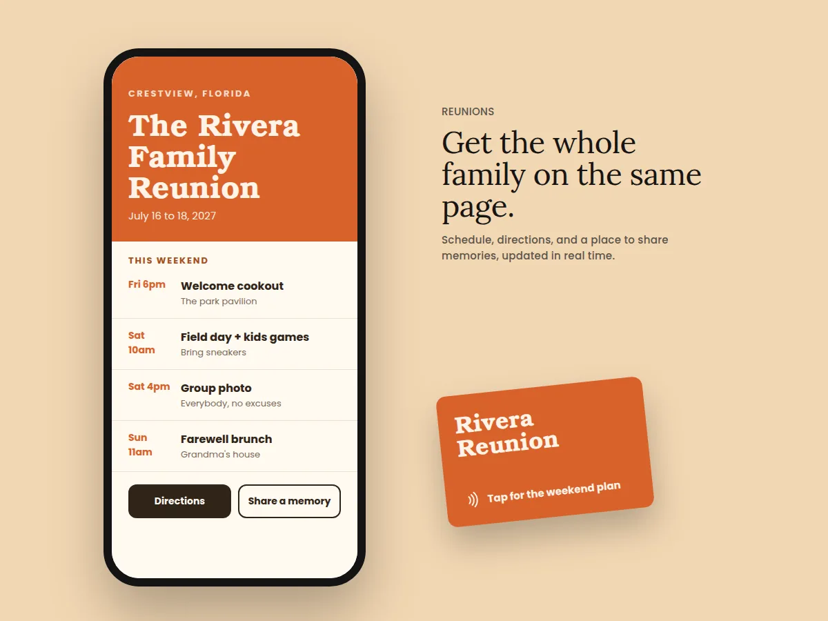 Sample family reunion site: weekend schedule, directions, and a place to share memories.