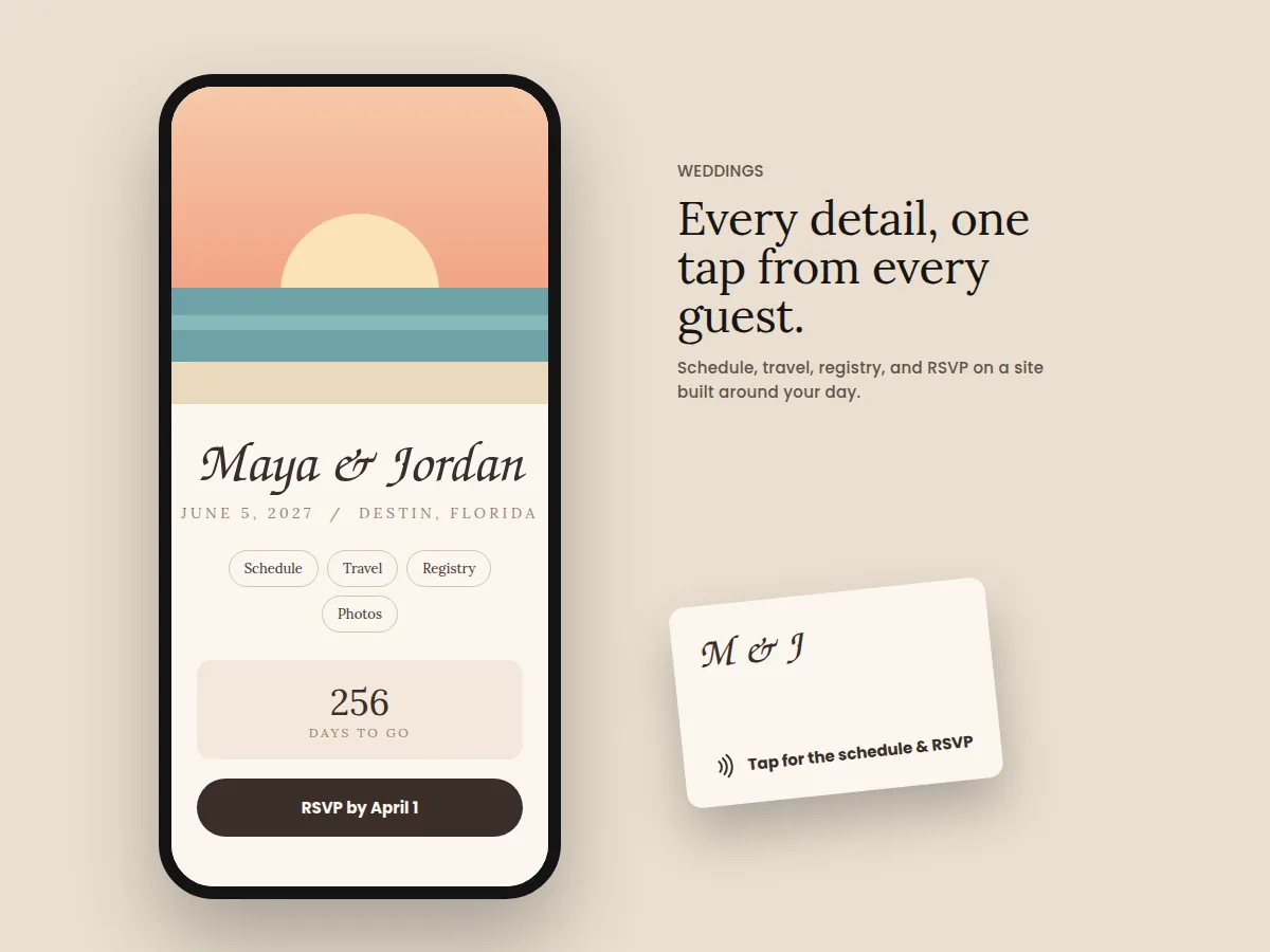 Sample wedding site on a phone with a tap table card: schedule, travel, registry, photos, and RSVP.