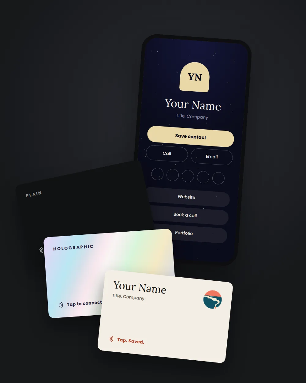 A phone showing a whois850 digital business card page next to plain, holographic, and printed NFC cards