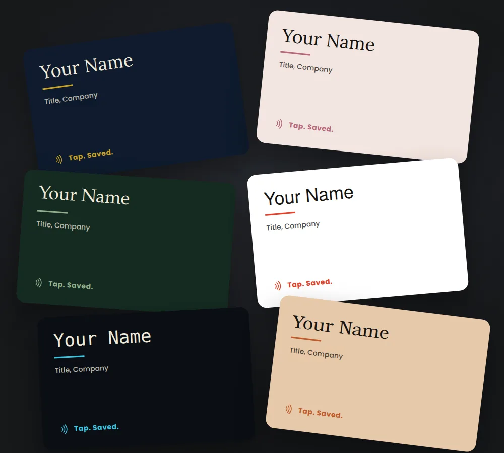 A spread of printed NFC business cards in different colors and typefaces